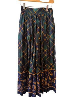 Vintage Sag Harbor Equestrian Print Twirl Midi Skirt Blue Green Plaid